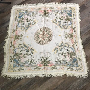 Vtg Brocade Chinese Silk Table Cloth Tapestry Cranes Cherry Blossoms Fringed - Picture 1 of 8