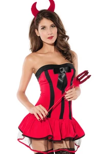 Red Devil Halloween Costume Cosplay Roleplay Dress Set Satin Bow C9017 - Picture 1 of 3