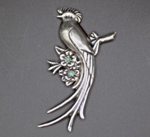 HUGE Turquoise Bird Brooch 4.5" Mexico Sterling Sil VTG 27g 925 Antique Puffy - Picture 1 of 10