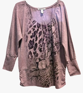 American Rag Top Plus Size 2X Purple Animal Print Peasant Scoop Neckline Ruched - Picture 1 of 7