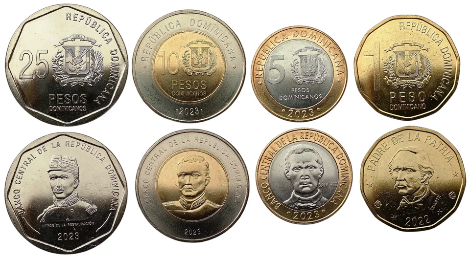 DOMINICAN REPUBLIC – SET OF 4 COINS 1 - 25 PESOS 2022 - 2023 2 X BI-METAL UNC - Image 1 of 1