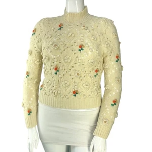 Zara Damen Größe M Pullover Creme Ösen Blumen Hochgeschlossen Applikation Bommel - Bild 1 von 15