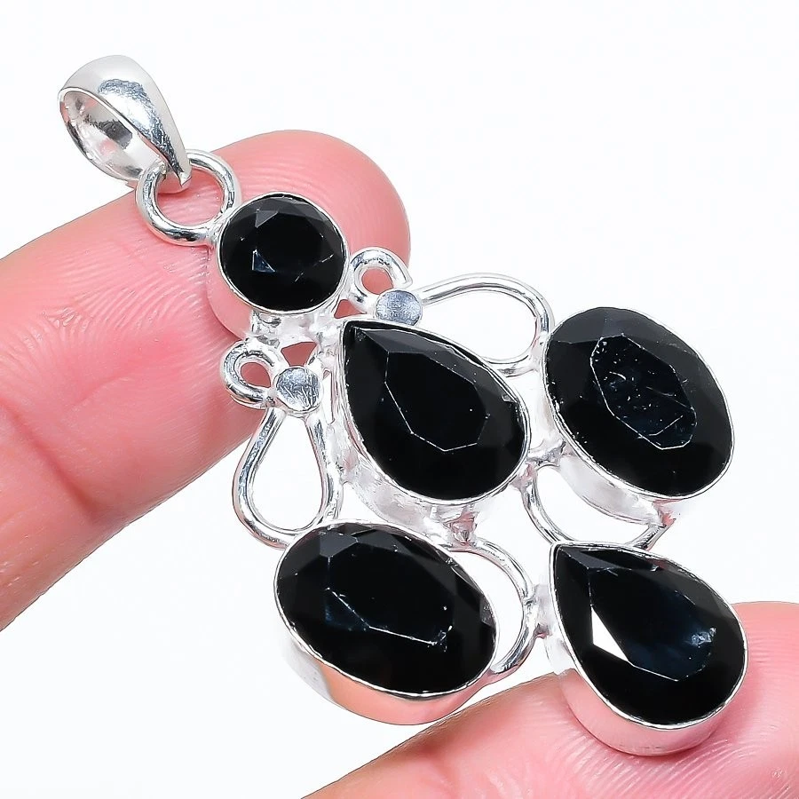 Black Spinel Gemstone Handmade 925 Sterling Silver Jewelry Pendant Size 2.25" - Image 1 of 1