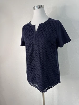 Camisa Rafaella Mujer Grande Azul Marino Encaje Nylon Algodón Manga Corta Boho Top Foto 1 de 4