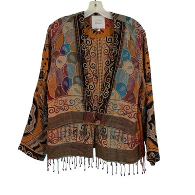 John Mark Boho Artsy Kimono Cardigan Size S Tapestry Fringe One Button Women - Image 1 of 4