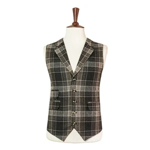 Mens 46R Plaid Wool Waistcoat Brown Gray Beige Check Vest Classic Formal Wedding - Picture 1 of 8