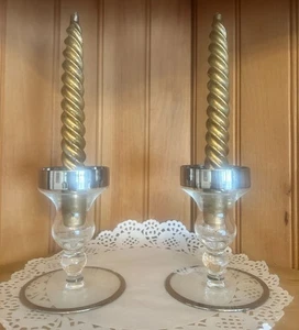 Vintage Dorothy Thorpe Stil Klarglas Silberrand Kegel Kerzenhalter MCM - Bild 1 von 4