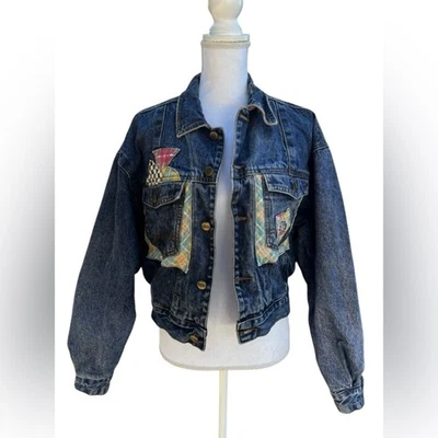 Chaqueta vaquera vintage Get Used by Elie parches M a cuadros inspirada en carreras Foto 1 de 4