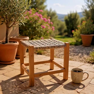 Vintage Woven Wicker Wood Stool Wooden Footstool 60s 70s 80s Natural - Picture 1 of 16