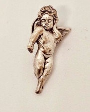 Vintage Silver Pewter Tone Angel Button Brooch Pin Jewelry