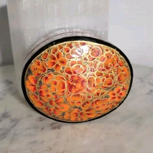 Caja de baratija vintage de 3 pulgadas con anillo de madera de papel maché negro dorado naranja 3 pulgadas - Imagen 1 de 7