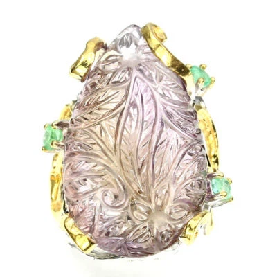 Anillo tallado a mano bicolor natural ametrino y esmeralda de plata de ley y 14 kg talla 7 Foto 1 de 4