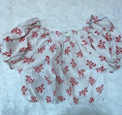 H&M Womens Linen Blend Floral Puff Sleeve Cropped Top Blouse Large White Red - Image 1 of 4