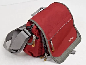 Vintage Shoulder Bag LL Bean 90s Burgundy Nylon Gray Trim Front Flap Multi Zip - Picture 1 of 7