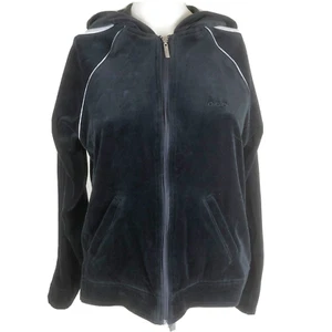 Oleg Cassini Sport Womens Track Jacket Hoodie Size Small Black Zip Front Velour - Picture 1 of 6