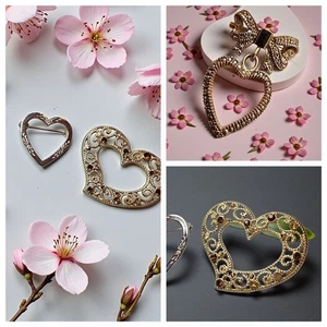 Heart Brooch Set (3) With Rhinestones Bow Accent & Openwork Design Vintage - Picture 1 of 8