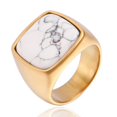 Men Titanium Steel Ring Square Crystal Stone Gemstone Punk Band Wedding Jewelry - Image 1 of 4