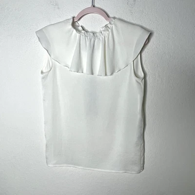 Maje Ruffle Collar Tie Black Bow Size 2 Ecru Ivory Sleeveless - Image 1 of 4