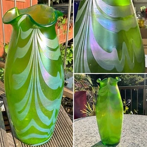 RARE C1890 LOETZ Phaenomen Creta IRIDESCENT FEATHERED URANIUM ART Glass VASE 11” - Picture 1 of 22