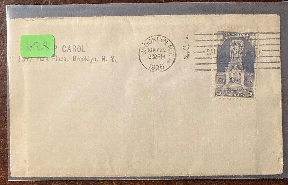 #628 Ericsson Memorial Grey 5 cent FDC without cachet, Brooklyn, NY cancel - Image 1 of 1
