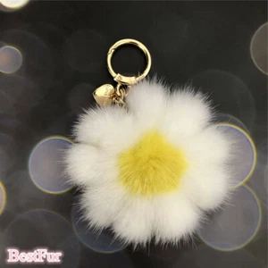 Llavero blanco/amarillo-real piel de visón margarita flor bolso pompón dije colgante teléfono - Imagen 1 de 2