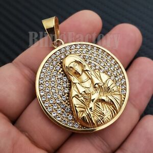 Iced Bust Down Stainless steel Gold Tone Blessed Virgin Mary Medal Charm Pendant