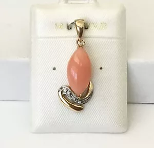 Solid 14K Yellow Gold Genuine Natural Marquise Shape Pink Coral Pendants NEW - Picture 1 of 7