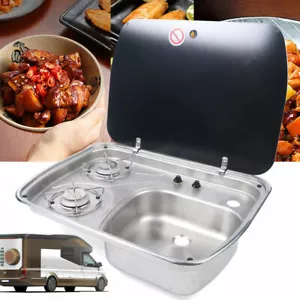 Edelstahl Spüle Kombi mit Glasdeckel Boot Caravan Wohnmobil Camper 2-flammiger Gasherd - Bild 1 von 12