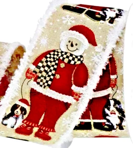 Schneemann & Hund 2,5" mal 2 Yard Drahtband weiß Chenille Kanten rot auf creme Winter - Bild 1 von 3