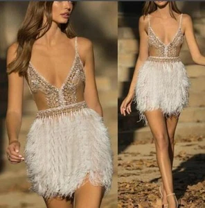 Women's Sexy Spaghetti Straps Deep V  Diamante Feather Evening Party Dress - Picture 1 of 5