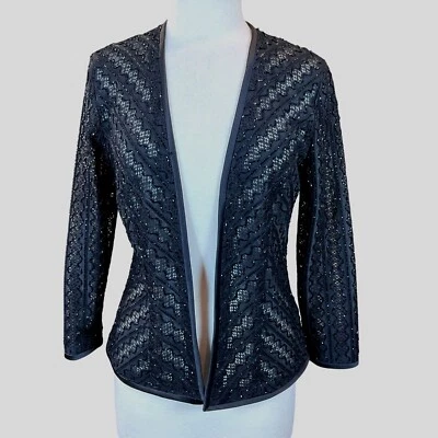 Chaqueta de Noche Bob Mackie Manga Larga Negra Frente Abierto Encaje Cuentas Talla 8 Foto 1 de 4