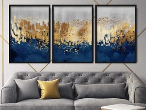 Set of 3 Prints - Abstract Textured Marble Navy Gold Foil Effect Watercolour Art - Picture 1 of 5