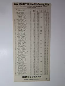 Tarjeta de impuestos 1937 Franklin County Ohio Columbus Henry Frank Treasurer - Imagen 1 de 4