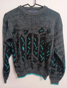 Vintage 1990s Jon Weston Boy's Sweater Large 14/16 Gray Teal Youth - Picture 1 of 7