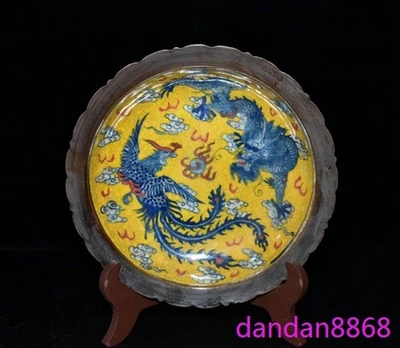Bandeja 8" Dinastía Qing Esmalte Rojo Porcelana Dragón Fénix Paletas Plato Plato Estatua Foto 1 de 4