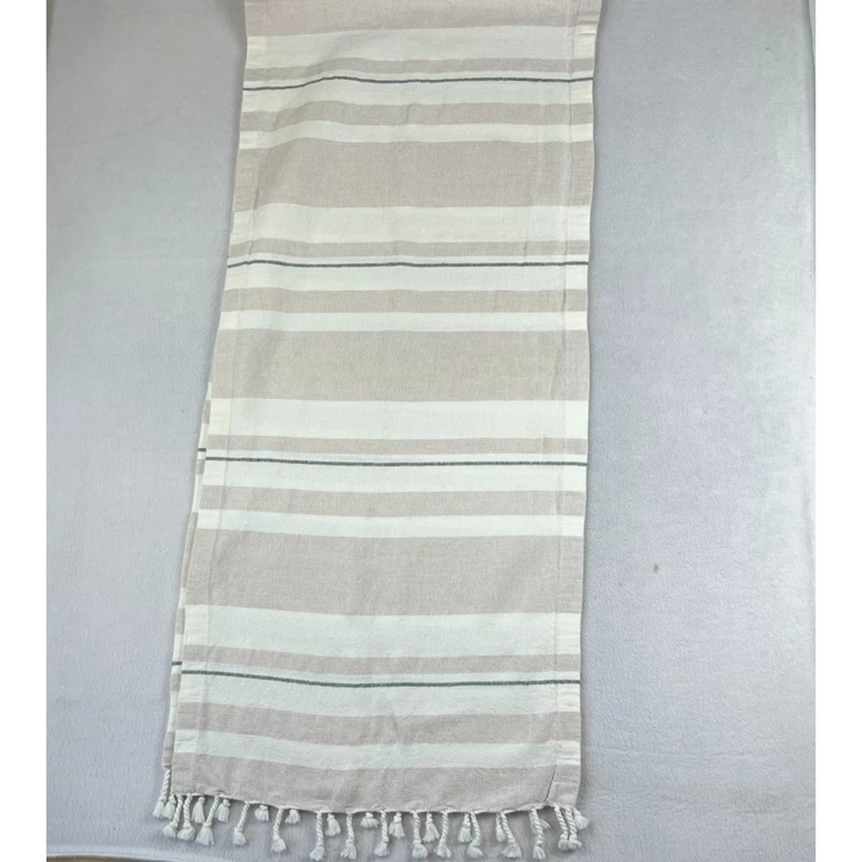 Hearth & Hand Table Runner 90x20英寸超大条纹亚麻棉混纺流苏 — 第 1/4 张图片