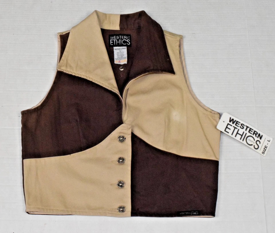 Chaleco Vintage Western Ethics Talla L Años 80 Marrón Beige Color Bloque Denim Nuevo Con Etiquetas Foto 1 de 4