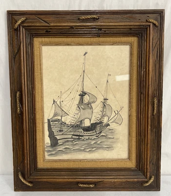 24.5" x 20.5" Original Signed Fairy Hoppenrath Sailing Ship In Frame Rope Accent - Image 1 of 4