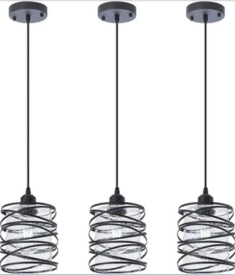 Modern Mini Pendant Light Fixture 3-Pack Black Spiral Cage Clear Seeded Shade  - Image 1 of 4