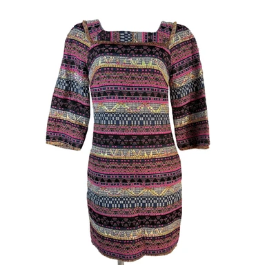 Mini Vestido Trina Turk Talla 0 Estampado Layke Borde Deshilachado Manga 3/4 Pkts Forrado Foto 1 de 4