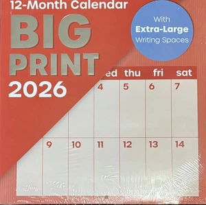 2026 BIG PRINT 12 Month Hanging Wall Calendar XL Writing Spaces Orange 12x24” - Picture 1 of 3