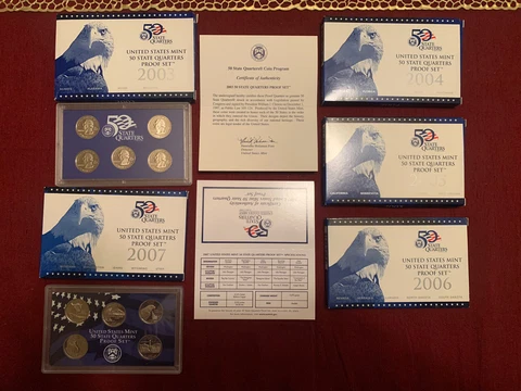 Lot of 5  US Mint Clad State Quarter Proof Sets 2003-2007 in orig box with COA Cover