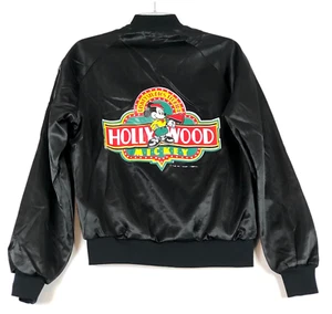 VTG Disney Mickey Mouse Hollywood Satin Bomber Jacket Men M Black Chalk Line USA - Picture 1 of 12