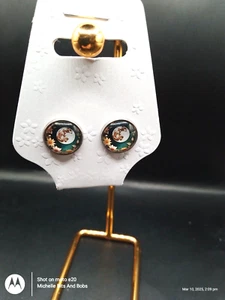 Handmade Silver Tone Round Bezel Earrings With Flowers And Moon Cabochons - Picture 1 of 1