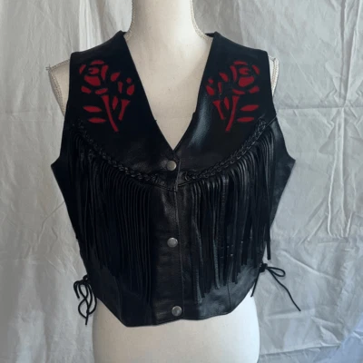 Interstate leather Black Leather Fringe Vest with Rose Inlay on front and back. - Image 1 of 4