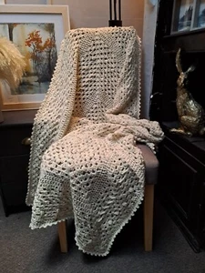 blankets throws beige / cream/ Oatmeal Crochet Knitted Handmade - Picture 1 of 11
