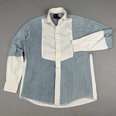 Vintage Wrangler Shirt Mens 15.5 M Blue Dobby Striped Bib Front X-Long Tails - Image 1 of 4