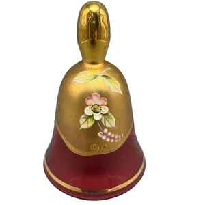Vintage Bohemian Cranberry Glass Bell with Gold Overlay and Hand Painted Florals - Picture 1 of 7