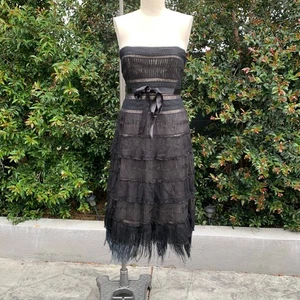 Vestido midi BCBG Maxazria sin tirantes pluma flecos dobladillo para mujer 8 formal - Imagen 1 de 15