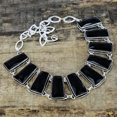 Onice Nera Rettangolare Gemma Set 925 Argento Sterling Fatto a Mano Bold Collana - Immagine 1 di 4